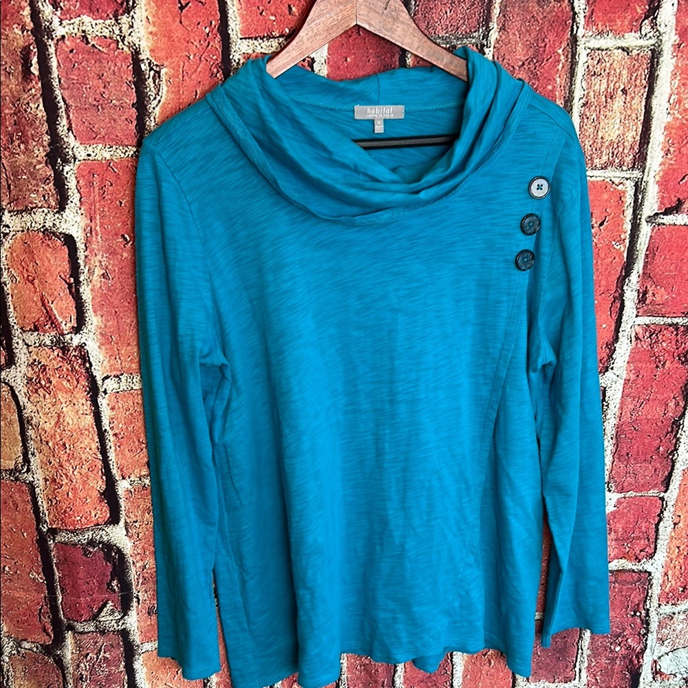 Habitat Sweater Womens Small Blue Teal Cowl Neck Button Lagenlook Career Casual